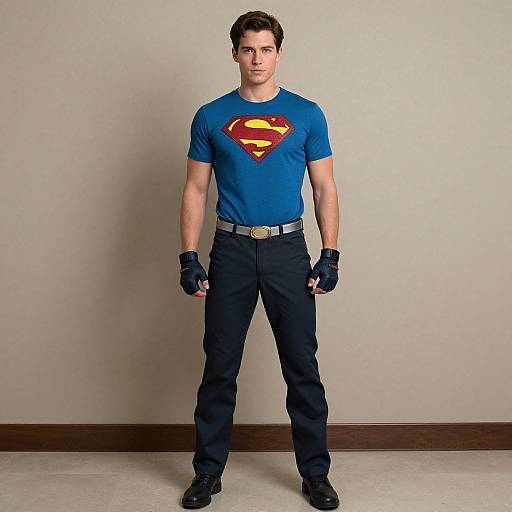 Photograph of a muscular, fair-skinned man with short brown hair, wearing a blue Superman t-shirt, black pants, belt, gloves, and