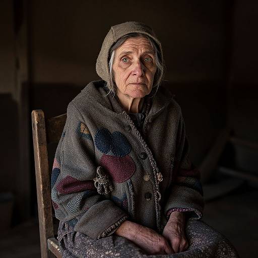 Photograph of an elderly woman with wrinkles, wearing a patterned gray woolen coat and brown knit hat, sitting in dimly lit, rustic interior