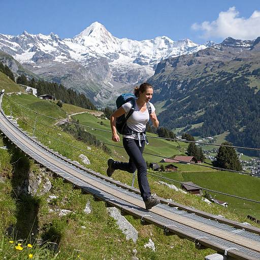 Photograph of a woman with brown hair, white shirt, black pants, backpack, running across a wooden mountain trail, with snow-capped peaks and