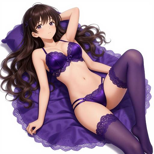 Anime-style digital illustration of a cute, long-haired girl with purple eyes, wearing matching purple lace lingerie and thigh-high stockings, lying on a purple bed