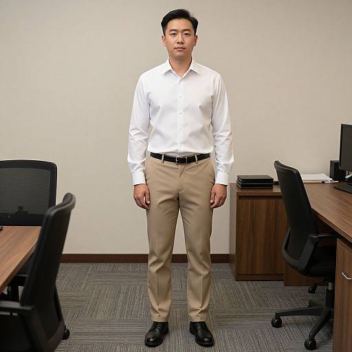 Photograph of an Asian man standing in a modern office, wearing a white shirt, beige pants, black belt, and black shoes. Background includes desks