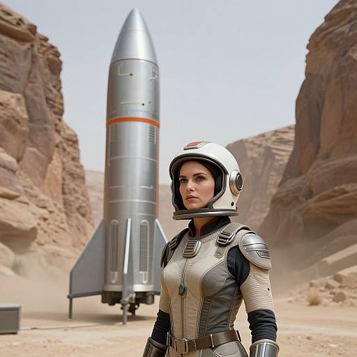 CGI image of a serious woman in space armor and helmet standing in front of a silver rocket in a desert canyon.