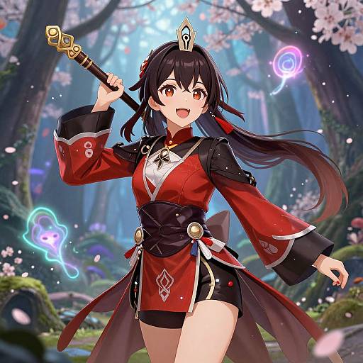 Anime-style digital illustration of a cheerful young woman with long black hair, red and black kimono, holding a staff, in a magical forest with glowing