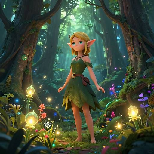 CGI fantasy forest scene with a cute, blonde, elf girl in a green, leafy dress, surrounded by glowing flowers and lanterns.