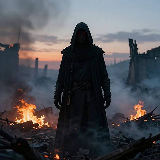 Silhouetted figure in dark, hooded, armored cloak stands amidst burning ruins and smoke at sunset, with broken structures in the background. (