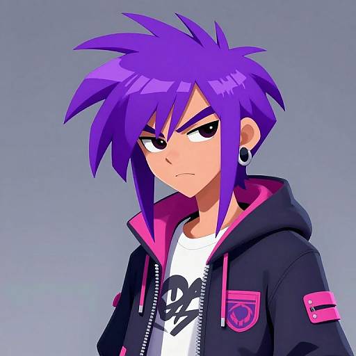 Digital anime-style drawing of a purple-haired, serious-looking boy with black eyes, wearing a black hooded jacket, pink accents, and white shirt with