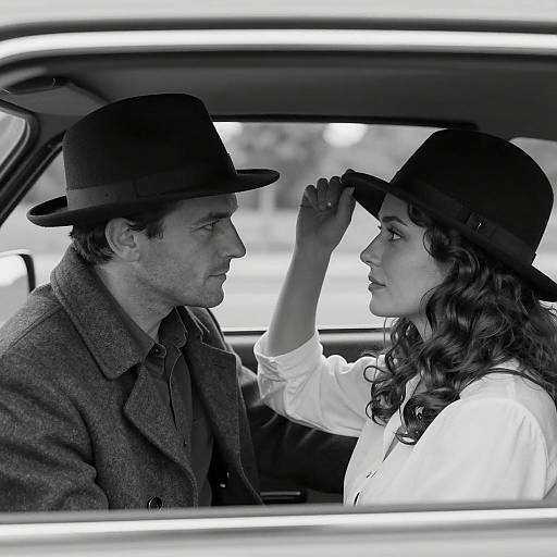 Black and White Portrait of Couple in Car