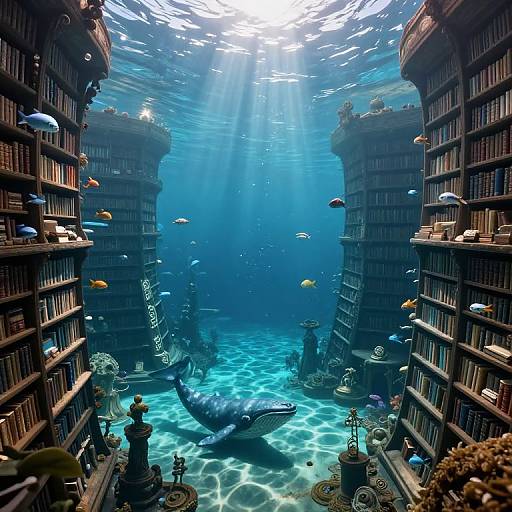 Photorealistic digital artwork of an underwater library with tall bookshelves, colorful fish, sunlight beams, and a whale in the center.