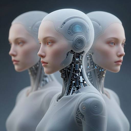 CGI image of three identical, pale-skinned, cybernetic female figures with transparent helmets, exposed mechanical necks, and serene expressions in a