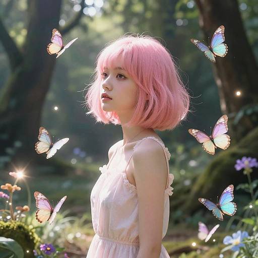 Girl with Pink Bob and Magical Butterflies