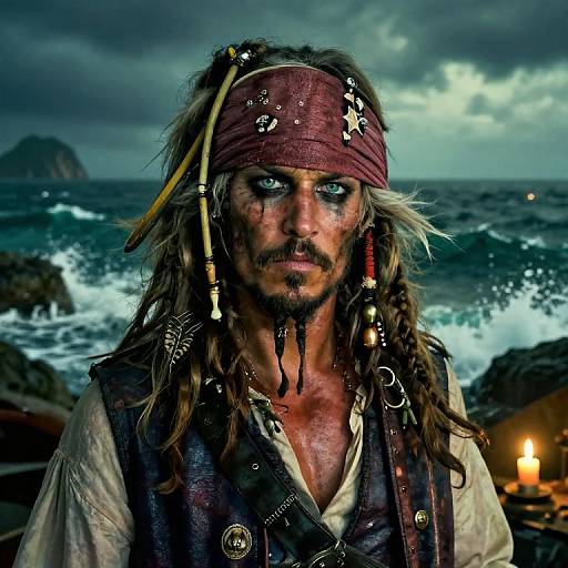 Photograph of a gritty, blue-eyed pirate with messy hair, dark face paint, red bandana, and vest, standing by a stormy ocean