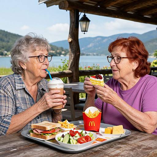 Photograph of two elderly women with grey and red hair, wearing glasses, eating at a wooden picnic table with McDonald's food.