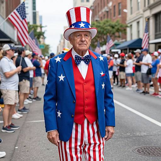 Elderly Man in Patriotic Parade Outfit