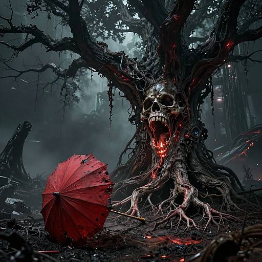 Digital art: A terrifying skeletal tree with glowing red eyes and sharp teeth stands behind a red umbrella in a dark, foggy forest.