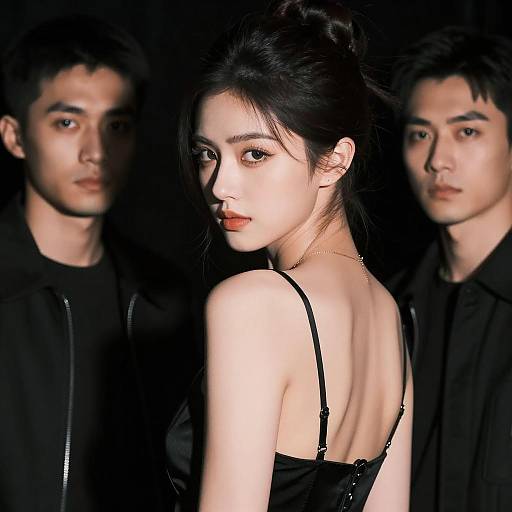 Woman in Black Dress with Two Men in Dark Background