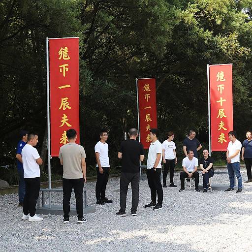 Group of People in Park with Red Banners