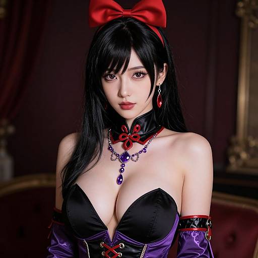 Digital art of an attractive anime-style woman with long black hair, red bow, black strapless top, purple jewelry, and red lipstick, set against