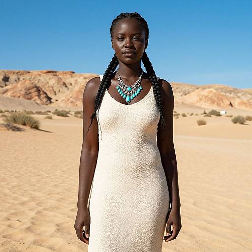 Photograph of a dark-skinned woman with long braids, wearing a white sleeveless dress and turquoise necklace, standing in a desert with rocky hills