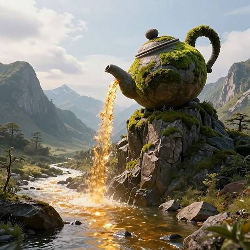 Digital art of a moss-covered, giant teapot pouring golden tea into a sunlit mountain stream, surrounded by lush greenery and rugged peaks.