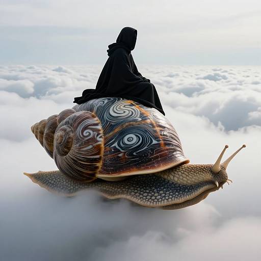 Photograph of a large, spiral-patterned snail with intricate brown and white shells, carrying a black-robed figure on its back, floating above