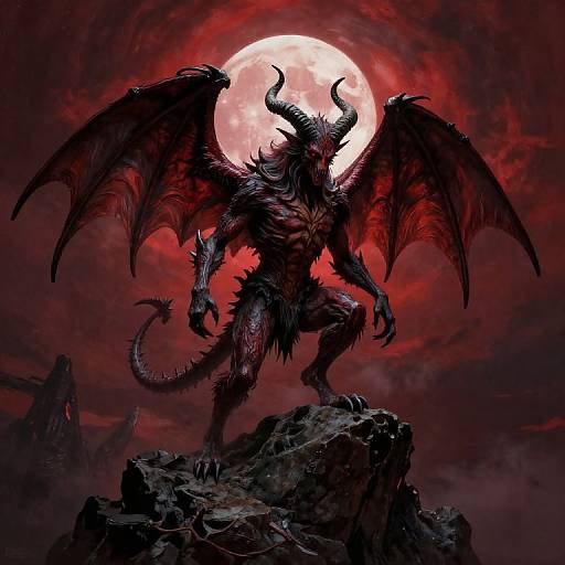 Digital artwork: Dark, menacing demon with large black wings and horns, standing on a rocky cliff under a glowing red full moon.