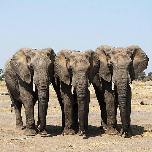 Photograph of three adult African elephants standing closely together on a dry, sandy savanna under a clear, bright blue sky.