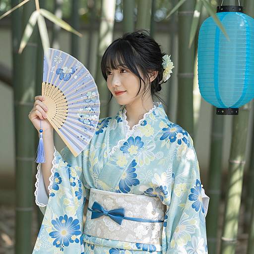 Serene Asian Woman in Floral Kimono