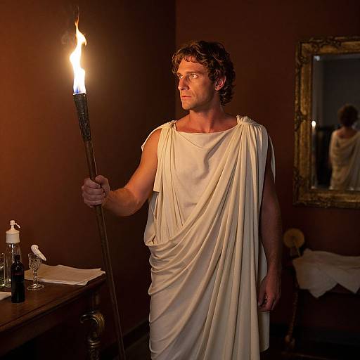 Photograph of a muscular man with wavy brown hair, wearing a white toga, holding a torch, standing in dimly lit room. Reflect