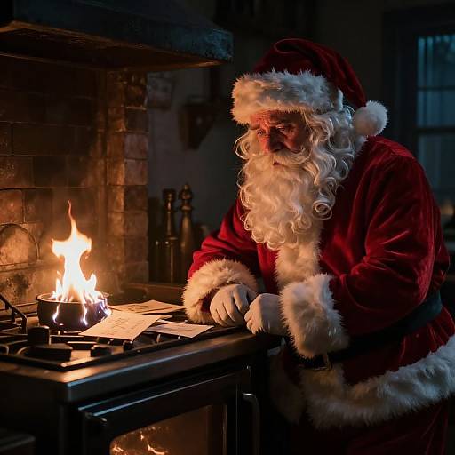 Photograph of Santa Claus with a white beard, red suit, and hat, cooking over a lit stove in a dimly lit, brick-walled