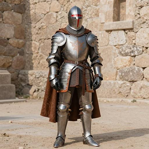Photograph of a medieval knight in shiny silver armor with a red cross on the helmet, brown cape, standing in front of a stone castle wall.