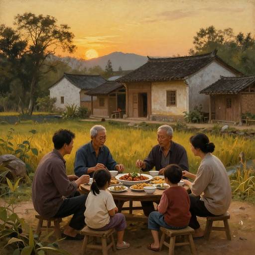 Photograph of a sunset scene featuring a Korean family of five, including two elderly men, a woman, and two children, dining together outdoors at a