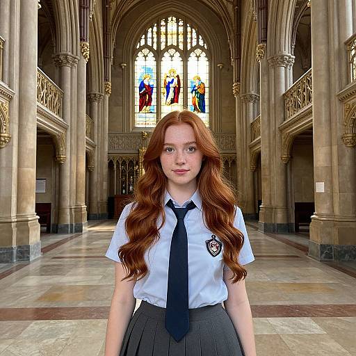 Photograph of a red-haired teenage girl in a white school uniform with black tie, standing in a grand, Gothic cathedral with colorful stained glass windows in