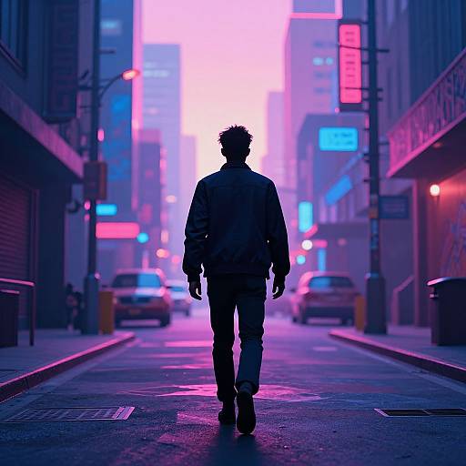 Silhouetted man walks down neon-lit, cyberpunk city street at night, surrounded by glowing signs and parked cars, in a vibrant,