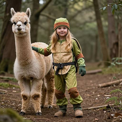 Photograph of a young girl with long blonde hair, dressed as a forest adventurer, standing beside a tall, fluffy llama in a forest path.