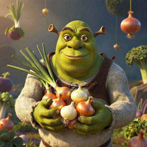 CGI image of a green, orc-like character with horns, smiling, holding onions and garlic in a colorful, vibrant vegetable garden.