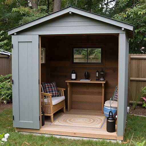 Photograph of a small, light-blue wooden garden shed with brown interior, featuring a wicker chair, plaid cushions, small table, wine bottle