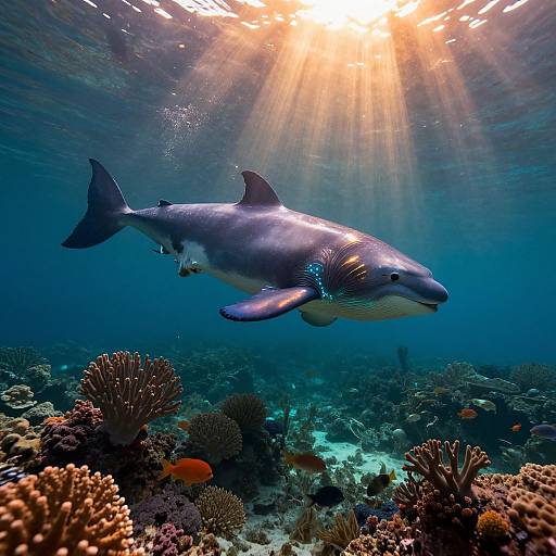 Photograph of a sleek, blue-gray dolphin swimming underwater in a sunlit coral reef, surrounded by vibrant corals and small fish.