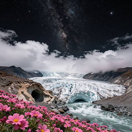 Photograph of a stunning glacier with bright white ice, surrounded by dark mountains, pink flowers in the foreground, and a starry, cloudy night sky