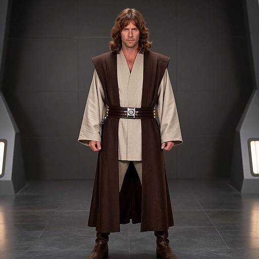 Photograph of a man with wavy brown hair in a Star Wars-style brown and white robe, standing center stage against a dark background.