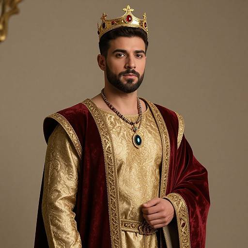 Photograph of a bearded, dark-haired man with a trimmed beard, wearing a gold and red velvet royal robe, gold crown, and green gem