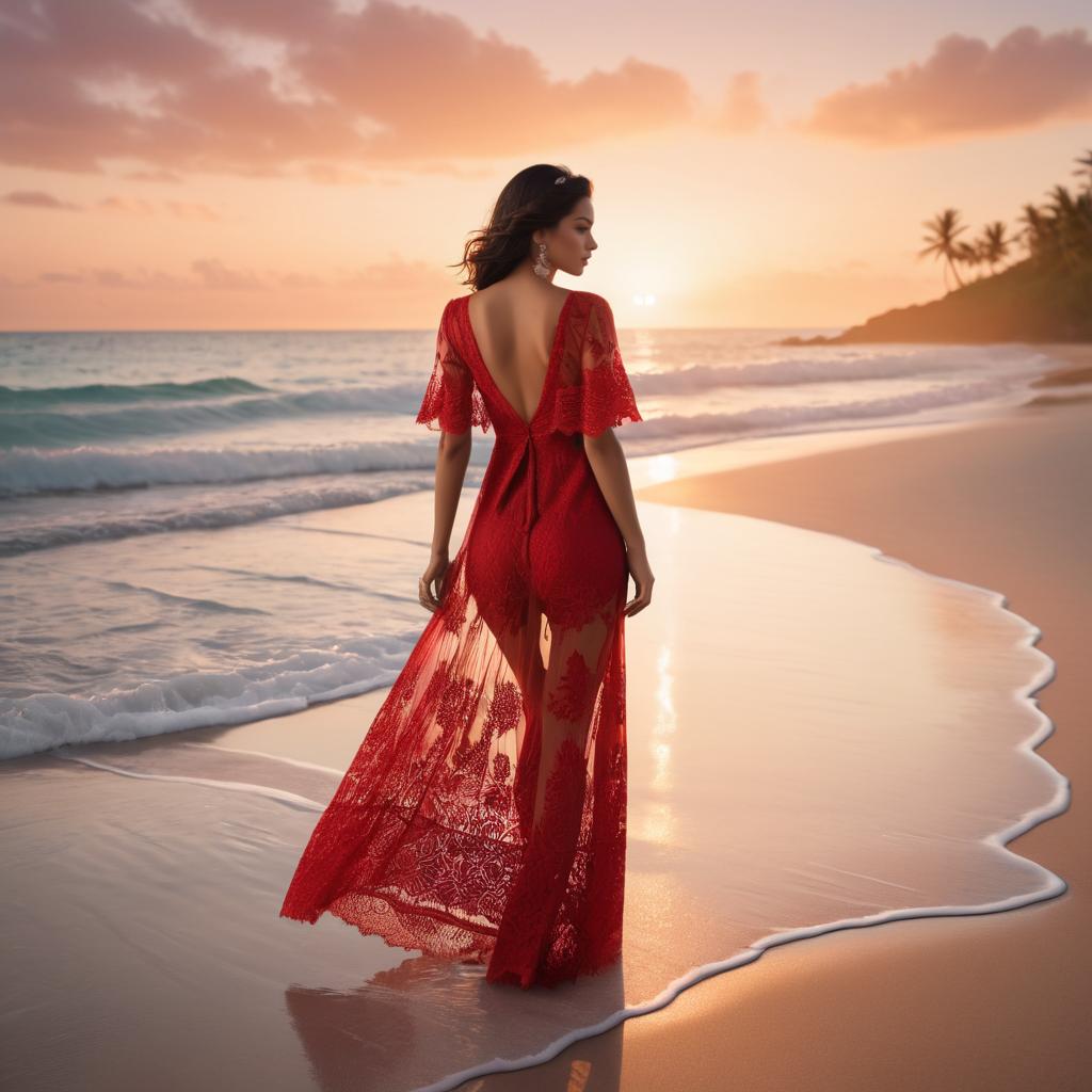 Elegant Figure in Sheer Red Dress at Sunset