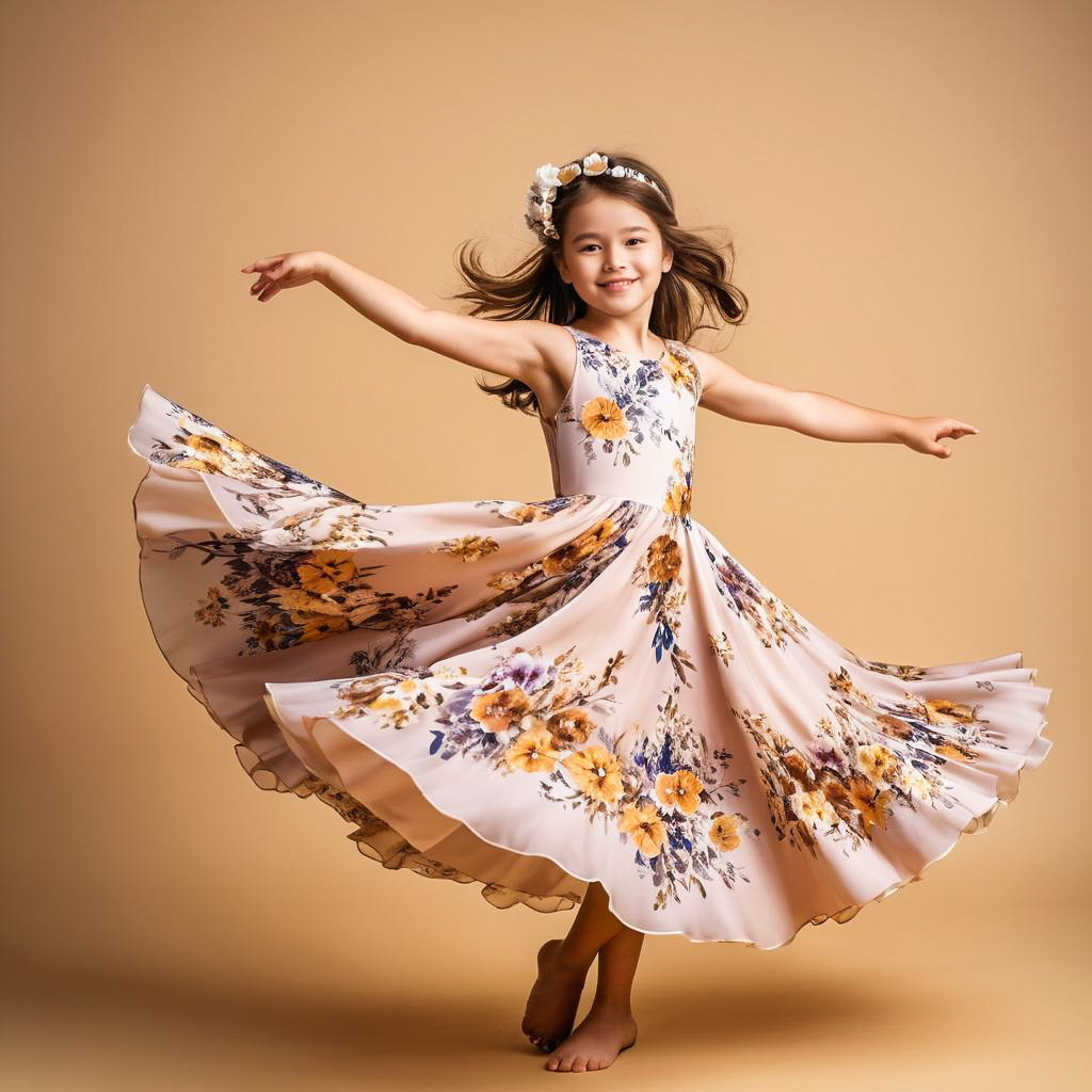 Excited Girl Twirling in Floral Dress