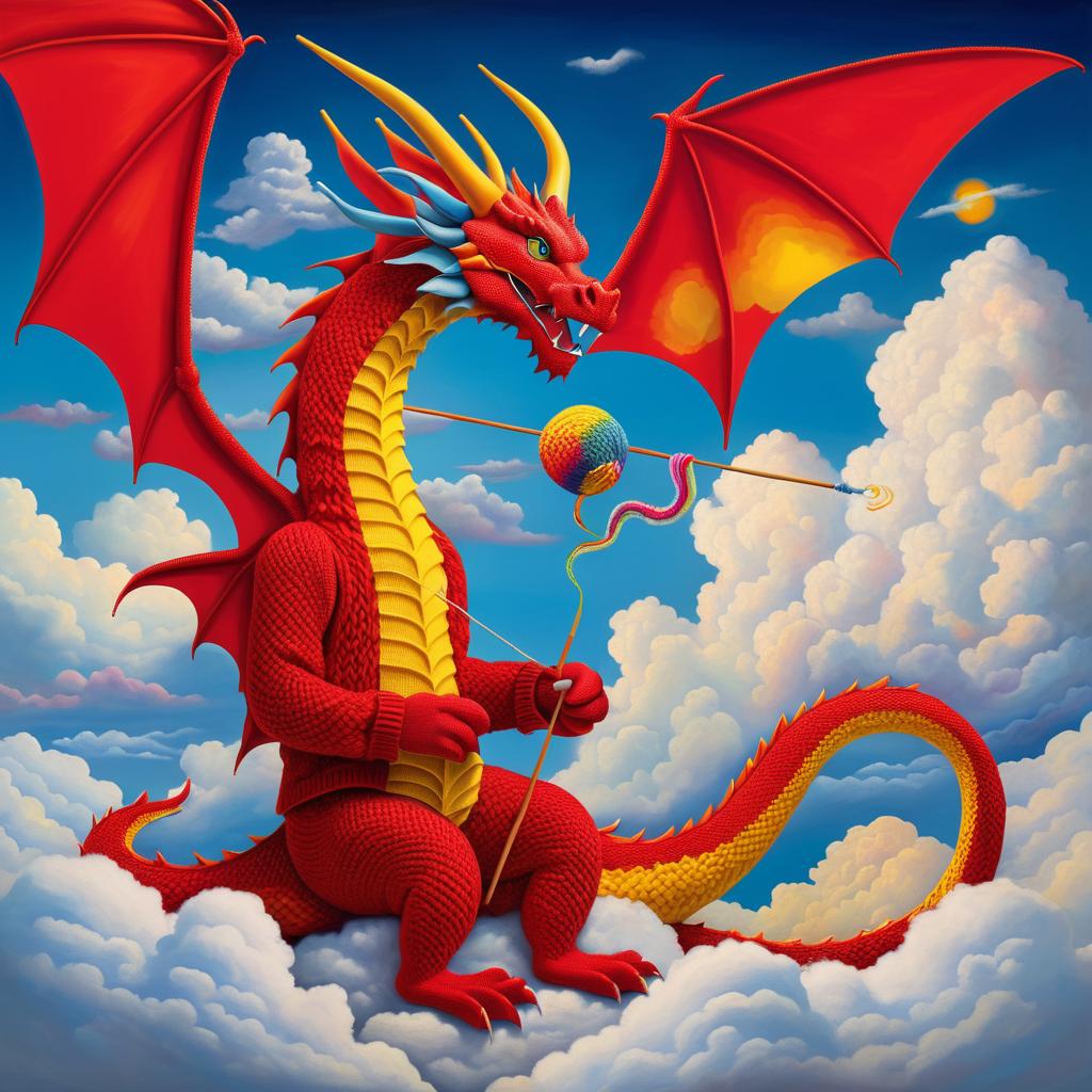 Surreal Red Dragon Knitting in Clouds