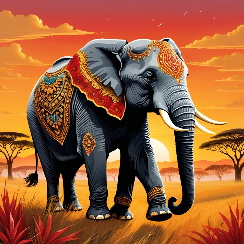 Whimsical Elephant in Dusk Savanna Glow