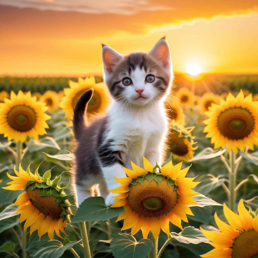 Playful Kitten in Sunflower Sunrise