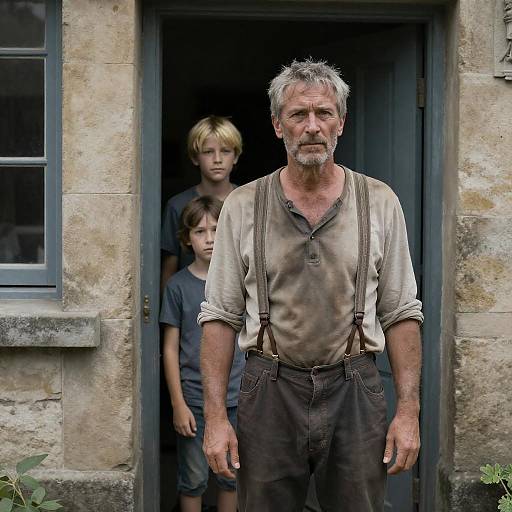 Rugged Man with Children in Doorway