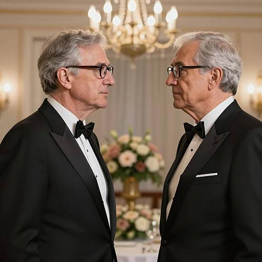 Two Middle-Aged Men in Tuxedos Facing Each Other