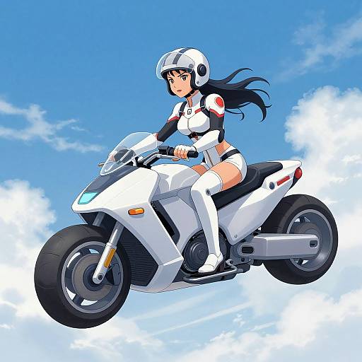 Anime-style drawing of a black-haired woman in white motorcycle gear, helmet, and boots, riding a white sport motorcycle against a bright blue sky with white