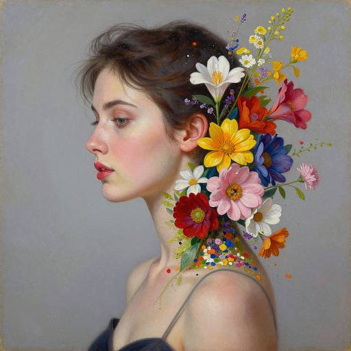 Digital portrait of a pale-skinned woman with dark brown hair, wearing a strapless top, adorned with vibrant floral wreath on her head, against