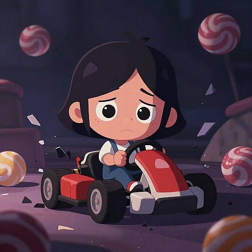 Chibi-style digital artwork of a worried girl with black hair in a red go-kart, surrounded by floating candy lollipops in a dark